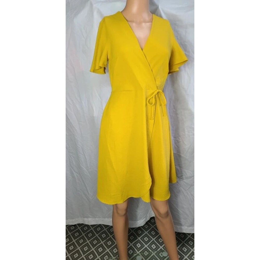 Monteau Los Angeles Small Mustard Yellow Flutter Sleeve Faux Wrap Dress